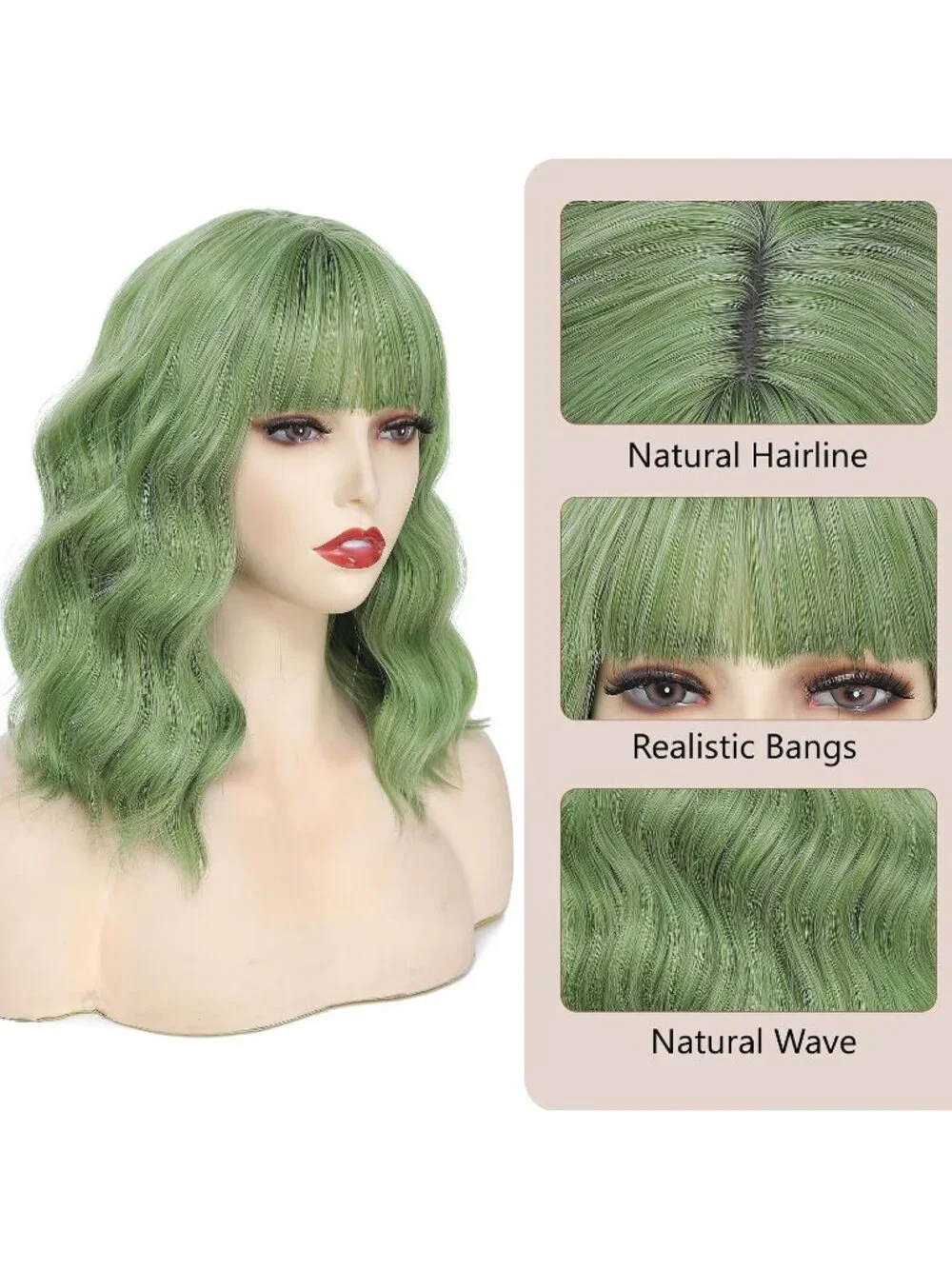 Women's Matcha Green 14 Inch Heat Resistant Short Wavy Hair Pastel Bob Wig Bangs